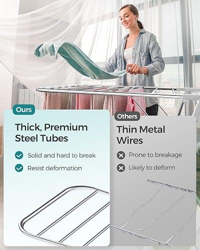 SONGMICS Clothes Drying Rack, Foldable 2-Level Laundry Drying Rack, Free-Standing Laundry Airer, with Height-Adjustable Wings, 33 Drying Rails, Sock Clips, Silver and White ULLR053W01V1 thumbnail 8