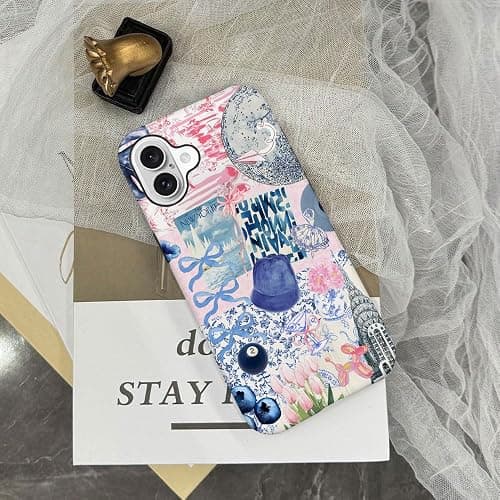 Generic Case Compatible with iPhone 16,Scratch Resistant Hybrid 2-Layer Hard Shell Phone Case,Ball Blue Bow Flower Collage Aesthetic thumbnail 6