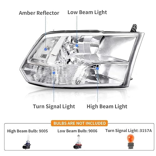 Headlights Assembly for 2009 2010 2011 2012 2013 2014 2015 2016 2017 2018 Dodge Ram 1500 2500 3500, Quad Headlamp Assembly Replacement, Chrome Housing Clear Corner thumbnail 5