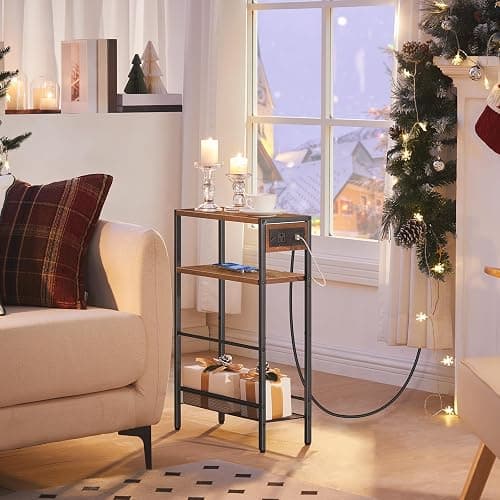 NIGHTSTAND | Amazon | HOOBRO Small Narrow Side Table with Charging Station, Skinny End Table for Small Spaces, Slim Nightstand with USB Ports Outlet, Sofa Beside Table with Storage Shelf, White and Gold DW102UBZ01 - 1 - Gold + White thumbnail 3