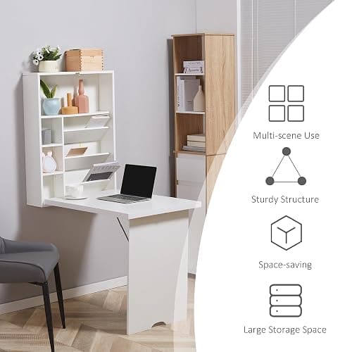 HOMCOM Wall Mounted Fold Out Convertible Desk, Multi-Function Floating Desk with Storage Shelf for Home Office, White thumbnail 6