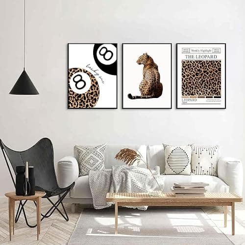 3 pcs Trendy Leopard Canvas Wall Art Funky Lucky 8 Ball painting picture Stylish Female Aesthetic wall decor Preppy Cheetah poster print Artwork for Girly Bedroom Apartment Dorm 12x16in Unframed thumbnail 3