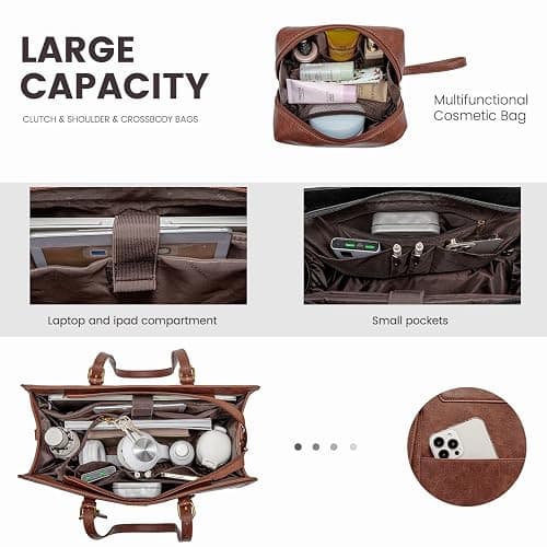 LOVEVOOK Laptop Bag for Women Vintage Leather Laptop Tote 17.3 inch Large Capacity Computer bag with Clutch Purse for Work thumbnail 5