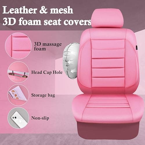 CAR PASS Pink Leather Seat Covers Full Set Universal Water Resistant 3D Foam Back Support, Luxury Comfort Automotive 5 Seat Covers All Season Fit SUV,Sedan,Van, Airbag Compatible Elegance Pink thumbnail 3