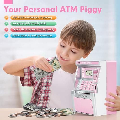 Pink Piggy Bank for Kids, ATM Machine Bank for Real Money with Debit Card, Bill Feeder, Coin Recognition, Balance Calculator, Electronic Savings Safe Box, Gifts for Teen Boy Girl thumbnail 4