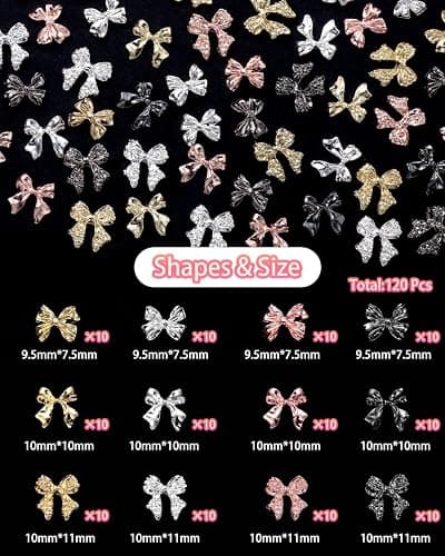 120 Pcs Alloy Bow Nail Charms and Gems, Silver Gold Black Bowknot Metal Nail Art Charms, Shiny Luxury Cute Bow Nail Jewelry for Nails Design Manicure Accessories thumbnail 3