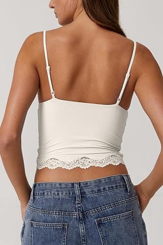 QINSEN Women's Double Layer Crop Cami V-Neck Lace Trim Tank Top with Adjustable Straps Delicate Overlay for Summer thumbnail 4