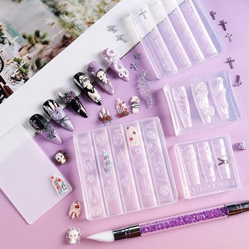 Laza 4pcs Gothic Silicone Nail Art Molds 3D Skull Rose Shaped Nail Molds | Reusable Nail Mold for Nail Art,Good Elasticity,3D Nail Mold, 3D Snake Bones Cross Collar Nail Accessories with Scraper & Pen thumbnail 2