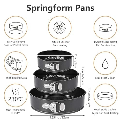 OAMCEG Backformen Springform Set 3 Stück – 10cm/18cm/22cm Runde Kuchenform aus Kohlenstoffstahl, Antihaftbeschichte & Auslaufsicher – Käsekuchenform mit 50 Pergament Backpapier & 1 Silikonspatel thumbnail 3