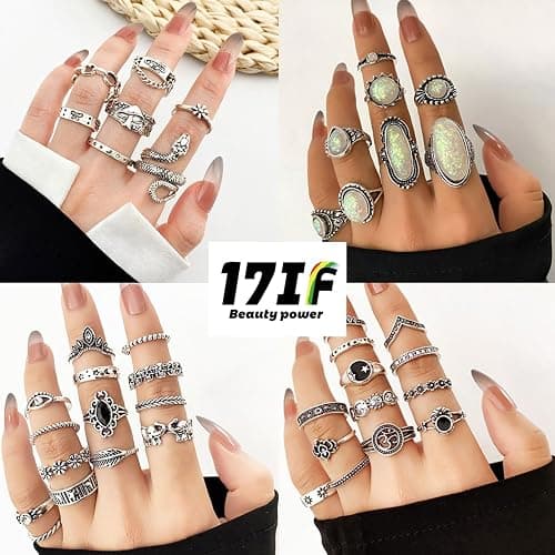 17IF Vintage Silver Knuckle Rings Set for Women Men, Chunky Boho Rings | Aesthetic Snake Grunge Stackable Gothic Ring Adjustable Y2K Punk Bulky Finger Alt of Rings, Stacking Flower Midi Ring Pack thumbnail 4