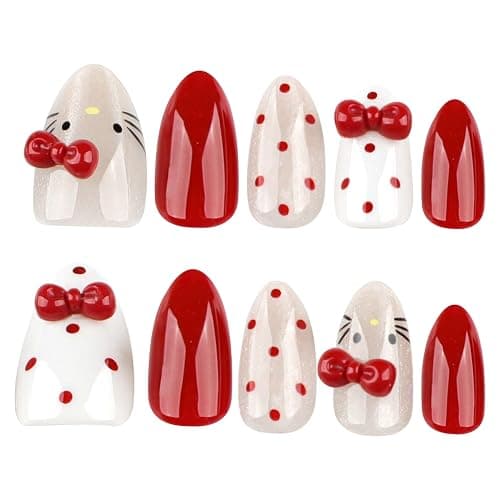 QQPPOLIU Cute Press on Nails Almond Shape with Polka Dots and Cat Design Short Red Fake Nails for Women Holiday thumbnail 3
