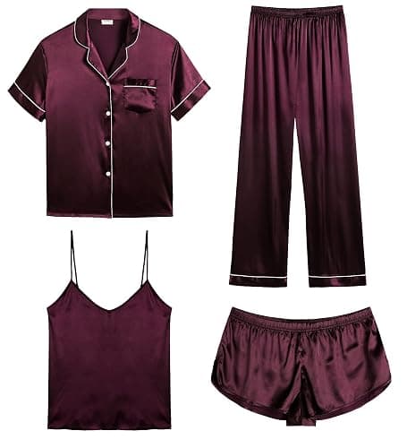 SWOMOG Womens Silk Satin Pajamas Sets 4pcs Sleepwear Sexy Cami Shorts Set and Button Down Short Sleeve Pjs Loungewear - Image 1