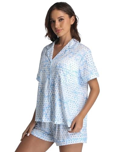 ANGELBEE 2 Piece Preppy Pajamas Button Down Y2k Print Monkey Pajamas for Women Cute Beach Shorts Set pjs Loungewear - Blue-b - Large thumbnail 4