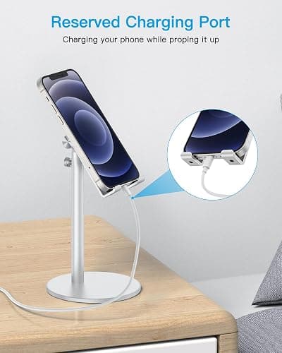 Cell Phone Stand, OMOTON Angle Height Adjustable Phone Stand, Aluminum Desktop Phone Holder Dock Stand for Desk, Compatible with iPhone 17 Pro Max, All Smartphones and Tablets(4-11''), Sliver thumbnail 8