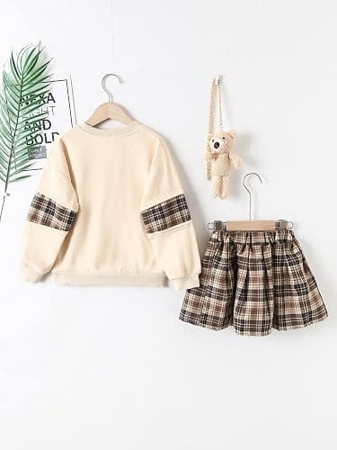 OYOANGLE Girl's 3 Piece Outfits Fall Winter Plaid Skirt Outfits Cute Preppy Sweatshirt Top and Plaid Skirts and Bag Sets thumbnail 2