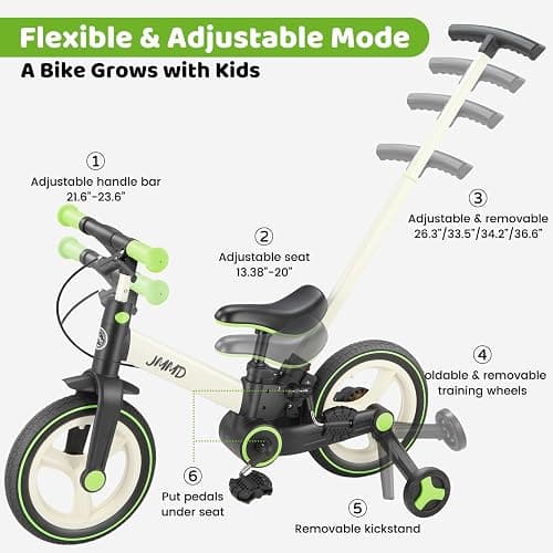 JMMD 6 in 1 Toddler Bike with Push Handle for Kids 18-60 Months, 12" Foldable Balance Bike with Training Wheels, Pedals, Brakes, Kickstand, Push Tricycle Toddler Gift & Toys for Boy & Girl thumbnail 5