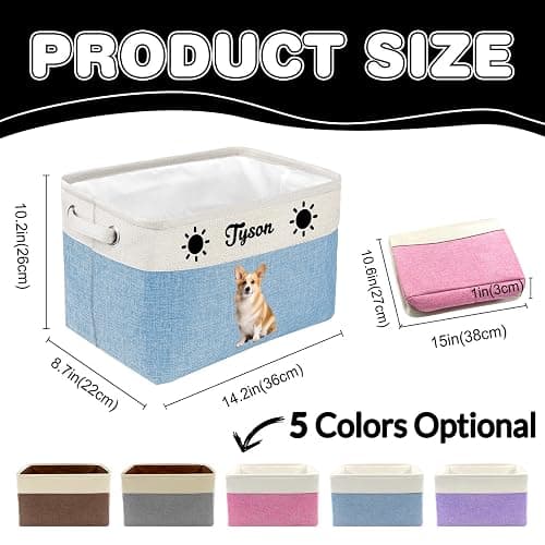 Personalized Dog Toy Storage Basket Custom Dog Name Photo Cat Pet's Gift Baskets Collapsible Organizer Box Foldable Storage Basket with Handle for Toys, Coats, Clothing, Blankets, Brown thumbnail 2
