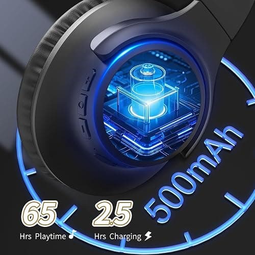 KVIDIO Bluetooth Headphones Over Ear, 65 Hours Playtime Wireless Headphones with Microphone, Foldable Lightweight Headset with Deep Bass,HiFi Stereo Sound for Travel Work PC Cellphone (Black) thumbnail 2