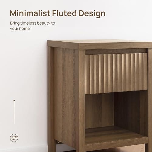 SICOTAS Fluted Night Stand Set of 2, Farmhouse Nightstands with Drawer, Boho Bedside Table with Storage Shelf, Large End Tables Bed Side Tables for Bedroom, Caramel Oak thumbnail 6
