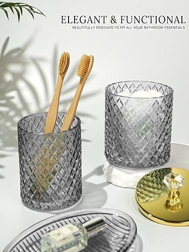 Haturi Gray Glass Bathroom Accessories Set, 4-Piece - Lotion Soap Dispenser, Toothbrush Holder, Cotton Swab Jar & Soap Dish – Elegant Gold Accent for Countertop & Housewarming Gift thumbnail 5