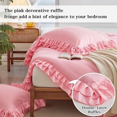 Pink Ruffled Comforter Set Twin Size, 3 Pieces (1 Ruffled Comforter and 2 Pillowcases) Farmhouse Shabby Chic Style with 2 Layers Ruffle, Solid Color Lightweight Soft Fluffy Bedding Sets for Girls - Pink - Twin (1 Comforter + 2 Pillow Shams) thumbnail 4