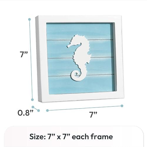 Tide and Tales Coastal Wall Art (Framed Set of 4) Beach Bathroom Wall Decor with Starfish, Seahorse, Sand Dollar and Coral - Ocean Theme Turquoise Room Decor - Seashell Beach Decorations for Home 7" x 7" thumbnail 2