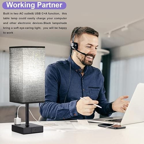 aooshine Black Lamp for Bedroom-Touch Lamp with USB-C+A and AC Outlets,3 Way Bedside Nightstand Square Table Lamp for Kids, Guest Room Living Rroom,Office, 800 Lumens 5000K Daylight Bulbs Included thumbnail 3