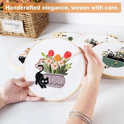RidaaFri Embroidery Kit for Beginners, Set of 3 Stamped DIY Kits with Cat, Floral, Plant Patterns for Adults, Includes Hoop, Needles, Floss, Step-by-Step Video Tutorial, Complete Sewing Craft Supplies thumbnail 6