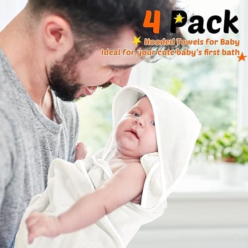 Reginary 4 Pack Baby Hooded Towels Coral Fleece Baby Bath Towels 30 x 30 Inch Soft Absorbent Hooded Bath Blanket for Newborn Toddler Infant Boy Girl Shower Gift Supplies (White) thumbnail 6
