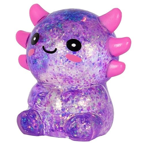 Djyxoglyn Axolotl Squishy Stress Relief Toy – Glitter Fidget Toy Cute Squeeze Toy for Kids & Adults, Sensory Anxiety Relief Squishy Toy, Party Favor Desk Fidget (Purple Sitting Style) - Image 1