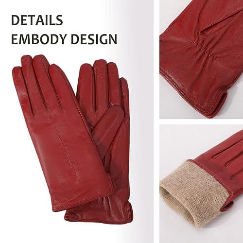 NOVBJECT Leather Gloves for Women Winter Full Touch Screen Genuine Leather Warm Cashmere Knitted Lining thumbnail 5