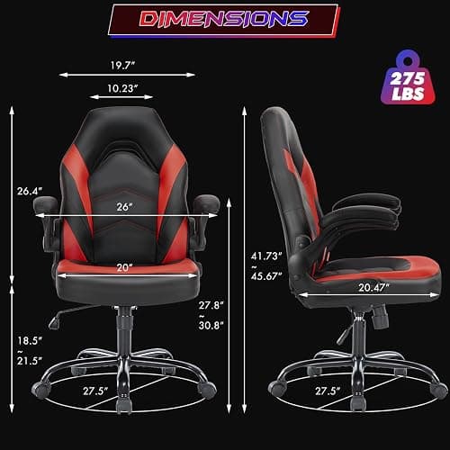 Sweetcrispy Computer Gaming Desk Chair - Ergonomic Office Executive Adjustable Swivel Task PU Leather Racing Chair with Flip-up Armrest for Adults, Kids, Men, Girls, Gamer, Black Red thumbnail 3