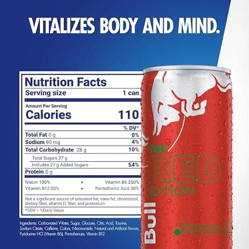 Red Bull Red Edition Energy Drink, Watermelon, with 80mg Caffeine plus Taurine & B Vitamins, 8.4 Fl Oz, Pack of 8 Cans thumbnail 3