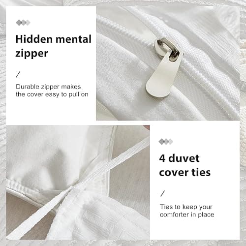 WARMDERN Boho Duvet Cover Set Queen Size,White Striped Duvet Cover Microfiber Bedding Set,3PCS Ultra Soft Breathable Lightweight Tuft Texture Pattern Duvet Covers with Zipper Closure(White,Queen) thumbnail 6
