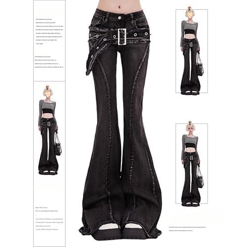 MEOKIM Women's Micro Flared Jeans Punk Y2k Gothic Style Waistband with Frayed Edge Design, Slimming Straight Leg Pants thumbnail 3