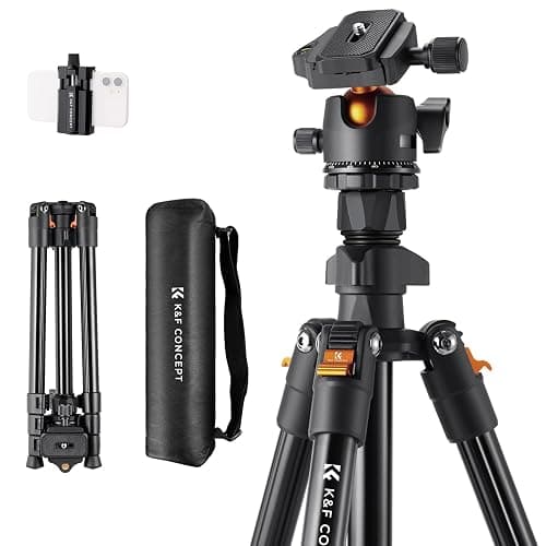 K&F CONCEPT 64 inch/163 cm Camera Tripod,Lightweight Travel Outdoor DSLR Tripods with 360 Degree Ball Head Load Capacity 17.6 lbs/8 kg,Cellphone Clip for Smartphone Live Streaming Vlog O234A1+BH-36 - Image 1