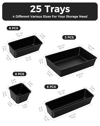 BiuLeon 25 PCS Plastic Drawer Organizers Set, 4-Sizes Vanity and Makeup Organizer, Desk and bathroom Drawer Organizer Trays, Organizers and Storage for Makeup, Jewelry, Gadgets, Utensils (Black) thumbnail 3