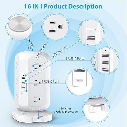 Tower Power Strip Flat Plug with 12 Outlets 4 USB(1 USB C),AOFO Surge Protector Charging Station with Overload Protection, Widely Spaced Multiple Outlets 10Ft Extension Cord for Home, Dorm,Office thumbnail 4