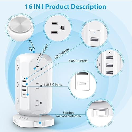 Tower Power Strip Flat Plug with 12 Outlets 4 USB(1 USB C),AOFO Surge Protector Charging Station with Overload Protection, Widely Spaced Multiple Outlets 10Ft Extension Cord for Home, Dorm,Office - 10FT - White thumbnail 4