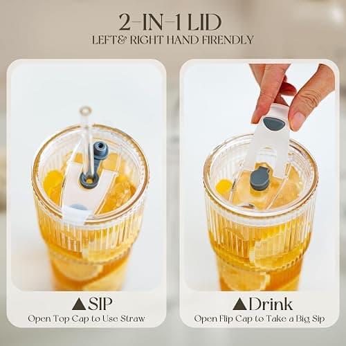 KEMORELA 2-Pack 20 oz Ribbed Glass Tumblers with Lids and Glass Straws – Vintage Iced Coffee Cups, Reusable Smoothie & Cocktail Drinking Glasses, Clear Glassware for Home or Cafe thumbnail 7
