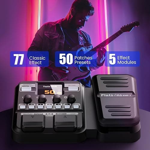 Flatsons KMF-1 Multi-Effects Guitar Pedal with 77 Practice Effects | 50 Presets, 42 Drum Rhythms, 18 Amp/Cab Sims, Color Screen, Aux In, Tuner, Looper, Expression/Wah/Volume, Distortion thumbnail 4