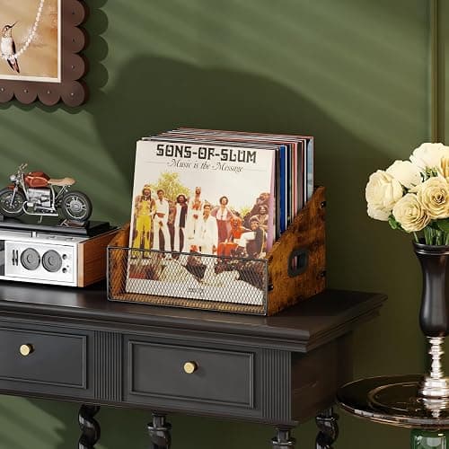 Yuzehuaza Vinyl Record Storage Holder, Trapezoidal LP Vinyl Record Crate with Handle, Wood & Metal Album Storage Desktop Organizer Box for Books Files, Rustic Brown thumbnail 4