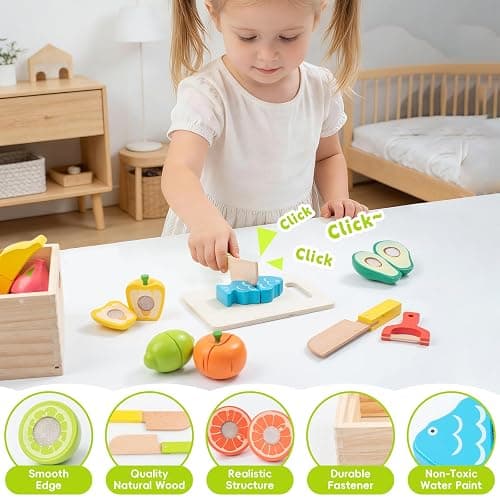 Wooden Play Food Sets for Kids Kitchen, Velcro Fruits & Veggies Cutting Set | Fake Food Play Kitchen Accessories, Learning Pretend Play for Toddlers 3-5 Boys Girls thumbnail 3
