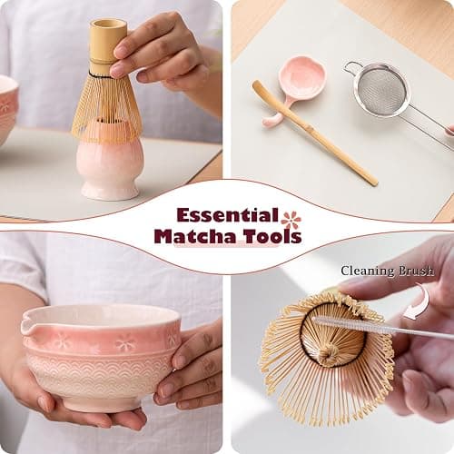 Matcha Tea Set, 8 Pcs Japanese Matcha Kit with Cherry Blossom and Wave Design Ceramic Bowl, Bamboo Whisk, Whisk Holder, Scoop, Sifter, Brush, Matcha Kit Set for Matcha Lovers (Pink Gradient) thumbnail 4