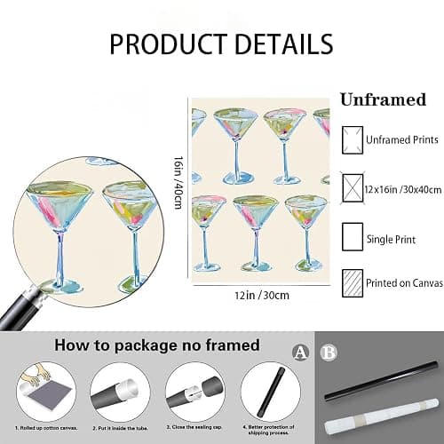 Trendy Cocktail Art Print Martini Glasses Wall Art Modern Bar Cart Decor Preppy Aesthetic Canvas Prints Modern Watercolor Painting for Living Room Bedroom Kitchen Bar Dorm Home Decor 12"x16" Unframed thumbnail 7