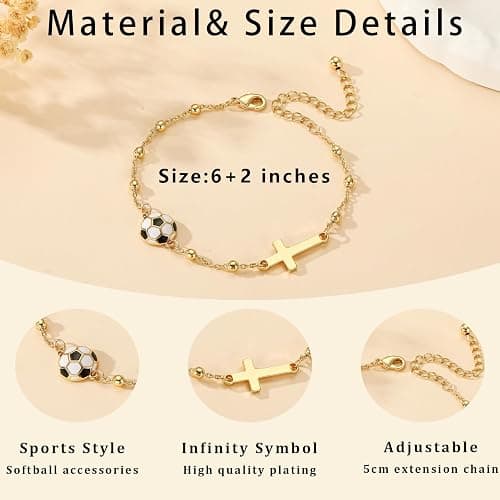 VULETO Softball/Volleyball/Soccer/Basketball Football Bracelet for Girls Women, 14K Gold Plated Cross Link Chain Sport Accessories Christian Jewelry Gifts for Teens Team Coach Players thumbnail 4