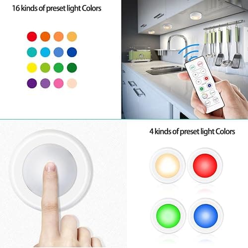Aokpsrt Puck Lights with Remote Control, 16 Color Changeable Wireless LED Light,Under Cabinet Lights, Battery Operated Light with Dimmer & Timmer Great for Closet, Bedroom,Kitchen(12 Packs) - 12 Packs - White thumbnail 7