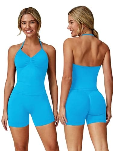 ABOCIW Workout Sets for Women 2 Piece Seamless Impact Longline Strappy Top Scrunch Butt High Waist Biker Shorts Gym Set - Image 1