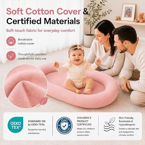 Mapotf Baby Lounger for Newborns 0-24 Months - Baby Essentials | Soft Breathable Cotton Infant Support Cushion for Tummy Time & Play, Portable Infant Lounger - Dusty Rose (Cover Included) thumbnail 6
