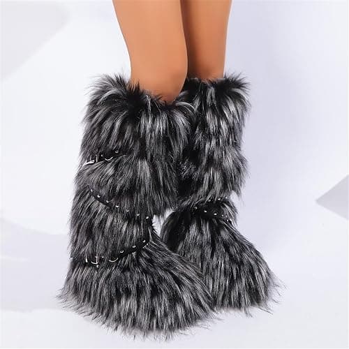 YFJNV Fur boots for women, Pink fuzzy boots with y2k style, Tall furry boot for winter, Comfortable shoes thumbnail 2